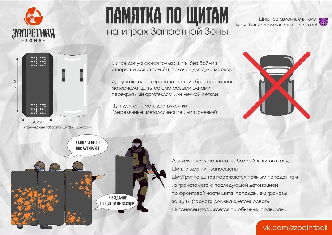 Памятка по щитам: габариты 120 на 90 см, две рукоятки, без бойниц, не более трёх в ряд, в здание не заходить